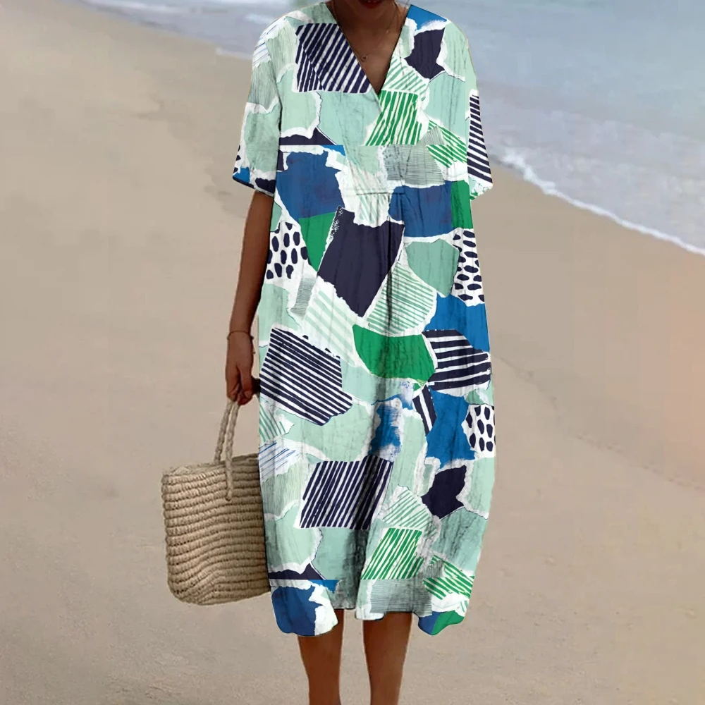 

Women's Blue Print Flowy Linen Dress Elegant Trendy V-neck Luxury Brand Designer Dress 2024 Baggy Maxi Long Beach Dresses