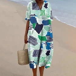 Abito da donna in lino fluido con stampa blu Elegante scollo a V alla moda Abito firmato di marca di lusso 2024 Abiti da spiaggia lunghi maxi larghi