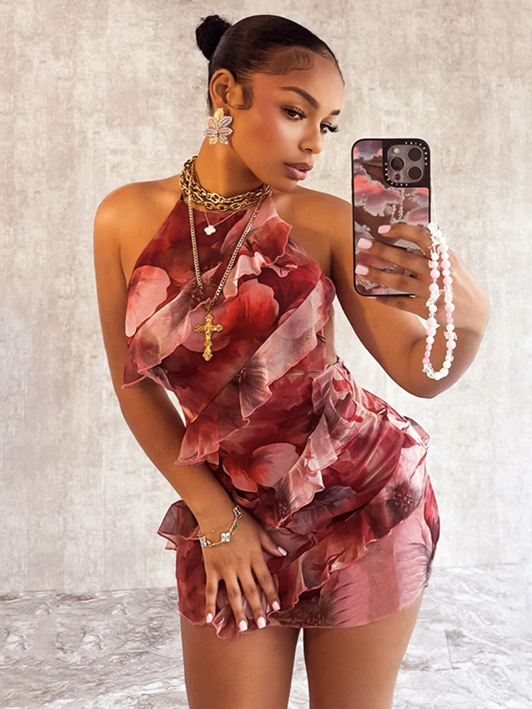 

Многослойное платье с оборками, женское платье с открытой спиной и лямкой на шее, без рукавов, сексуальное эластичное элегантное клубное платье, облегающее