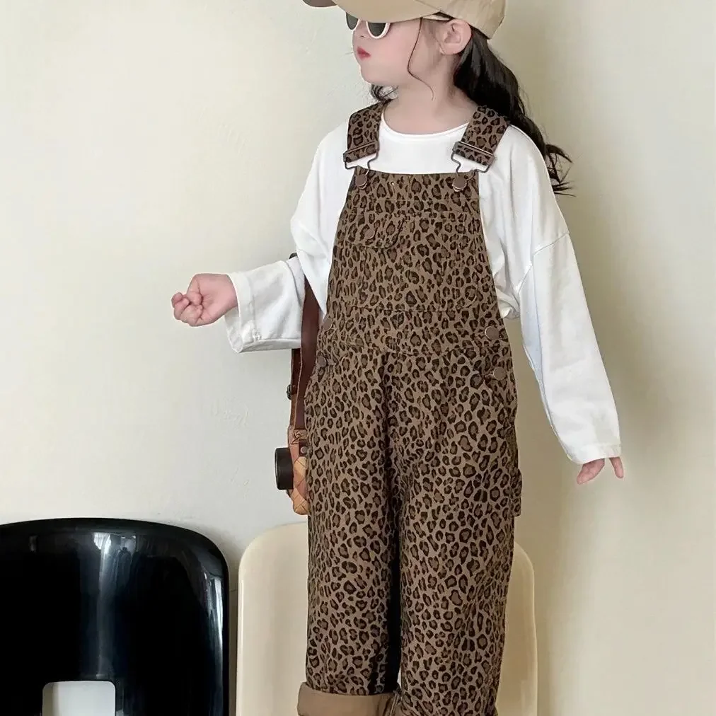 

Kids Pants Girls Leopard Print Overalls 2024 Spring Autumn New Pants Korean Childrens Wide Leg Pants Set Autumn Simple