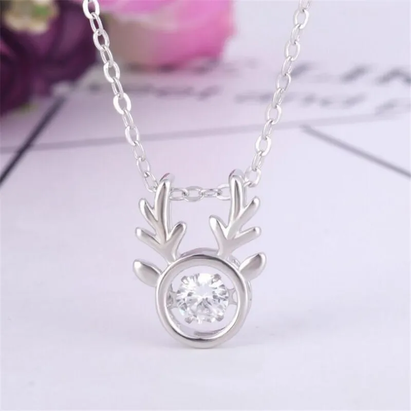 New Creative Can Move Sweet Antler 925 Sterling Silver Fashion Jewelry Christmas Gift Deer Crystal Pendant Necklaces XL243