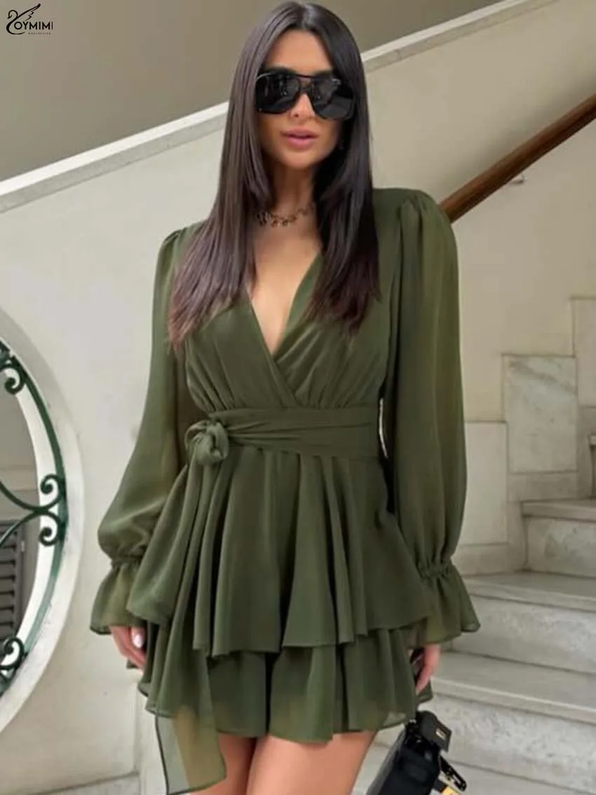 

Oymimi Autumn Green V-Neck Women's Dress Elegant Long Sleeve Lace-Up Solid Dresses Casual High Waist Pleated Mini Dresses Female