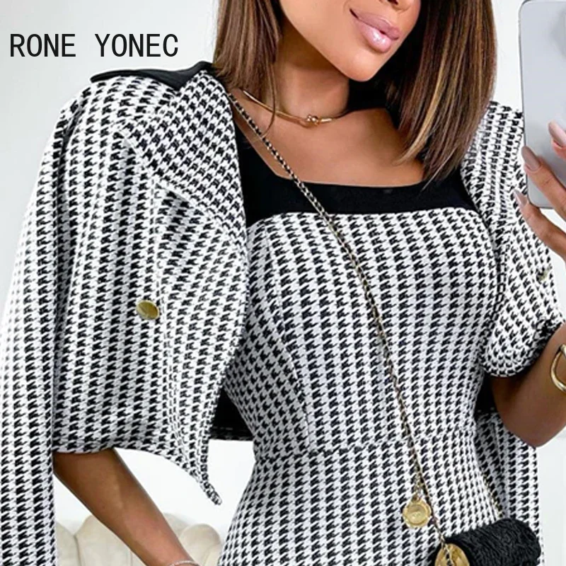 Houndstooth Print Colorblock Bodycon Dress & Blazer Coat Jacket Set  Women Two Pieces Sets