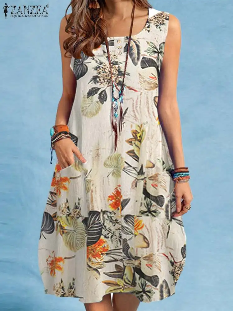 ZANZEA-vestido de verano Vintage con estampado Floral para mujer, traje sin mangas hasta la rodilla, estilo bohemio, ideal para vacaciones en la