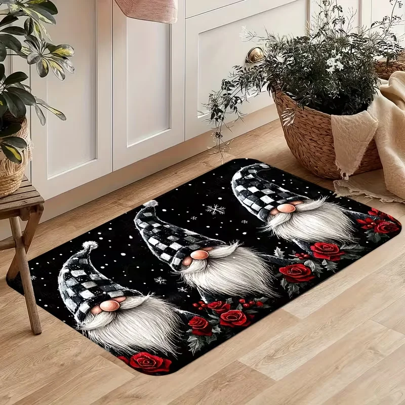 Christmas Gnome Doormat Non Slip Soft Floor Rug Black Plaid Gnome Red Rose Snowflake Entrance Kitchen Holiday Home Decor Carpet