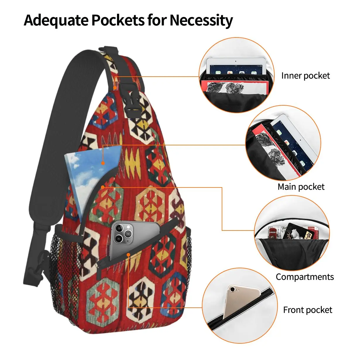 Antique Turkish Mersin Kilim Sling Bag Chest Crossbody Shoulder Sling Backpack Outdoor Hiking Daypacks Ethnic Cool School Bags