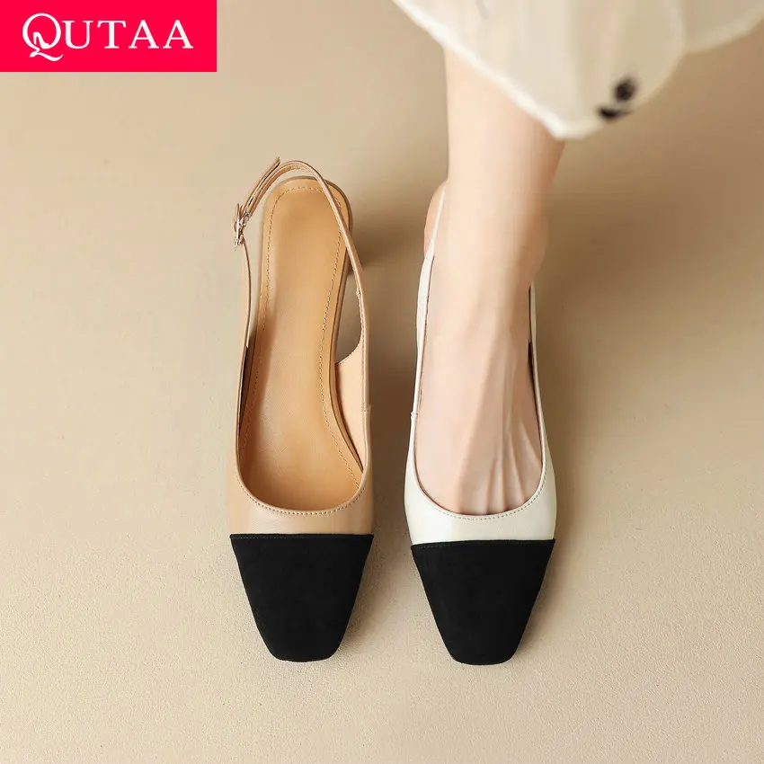 QUTAA 2023 Elegant Fashion New Women Genuine Leather Sandals Thick High Heels Summer Shoes Woman Wedding Party Pumps Size 34-43