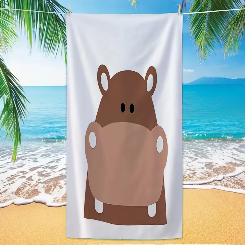 Cute Cartoon Hippopotamus Beach Towel Minimal Simple Animal Graphic Absorbent Q…