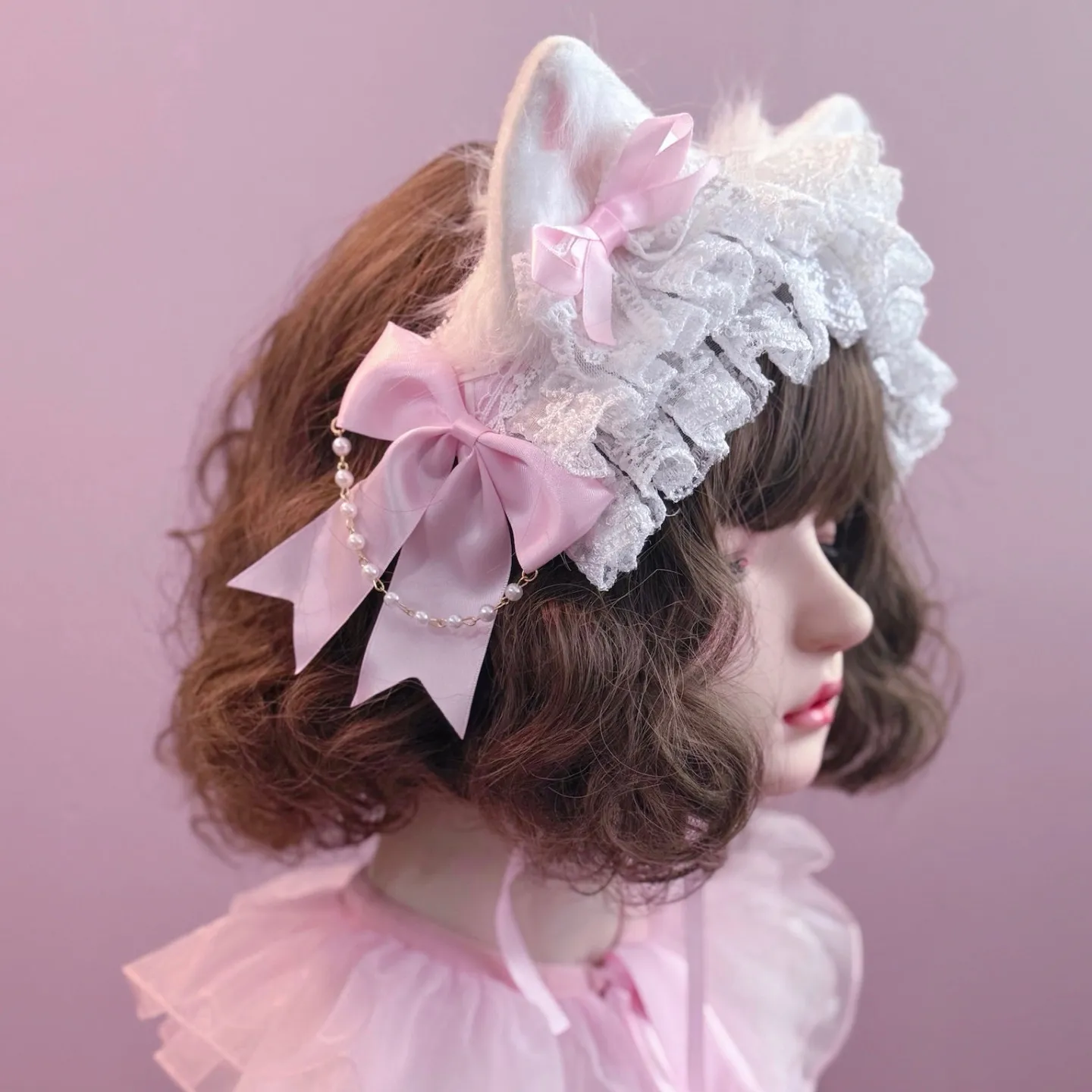Original Handmade Lace Ruffle Decor Beads String Cat Ear Headband Animal Ear Lolita Gorgeous Kc Pink Headwear