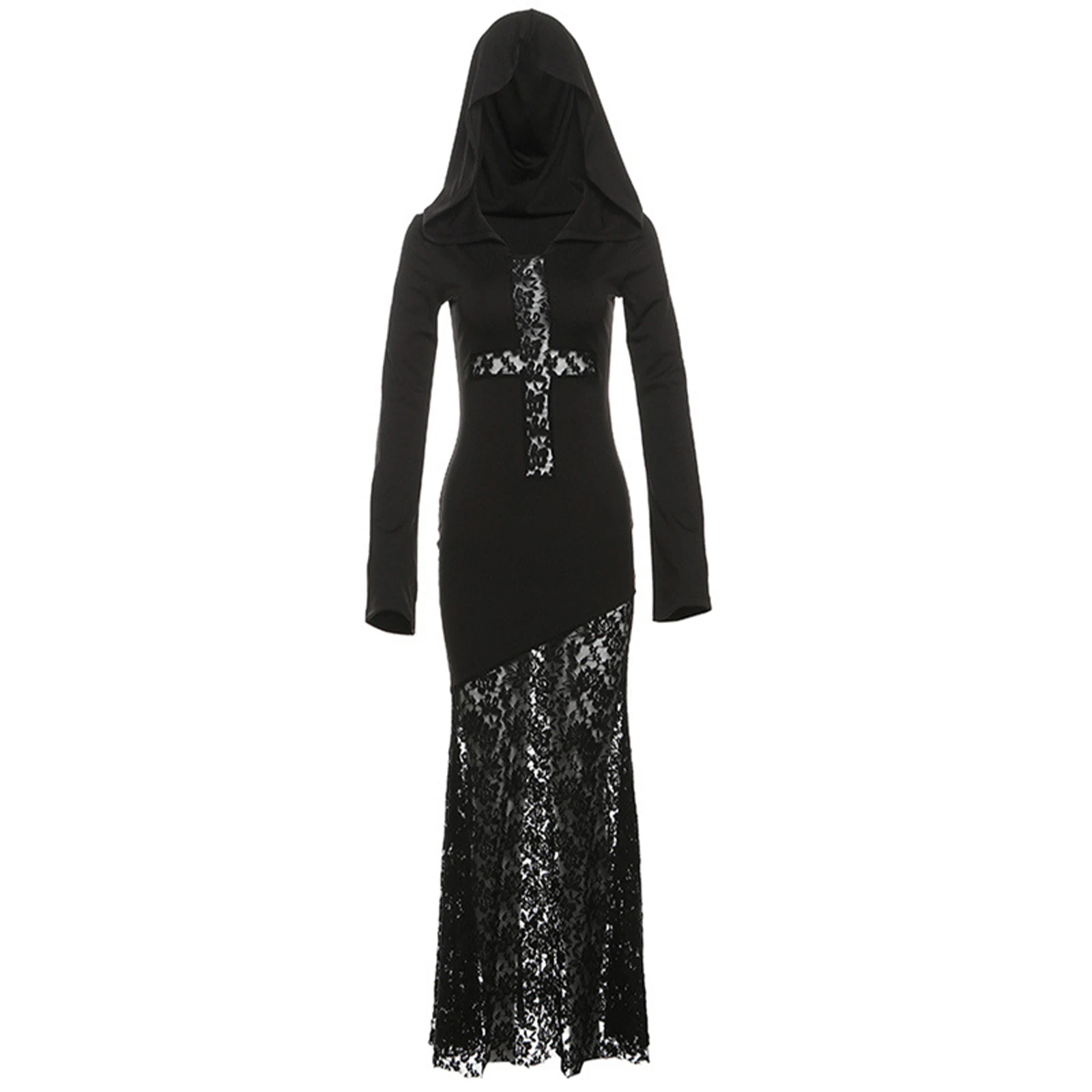 

Womens Gothic Steampunk Hooded Dress Sheer Floral Lace Flared Sleeve Maxi Dress for Halloween Vampire Witch Renaissance Cosplay