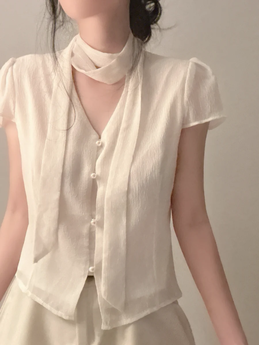 

Ele Summer Chic Женский топ на пуговицах ort Sve Slim Fit Pearl irt с узлом Sa Commute Sle Online Exclusive