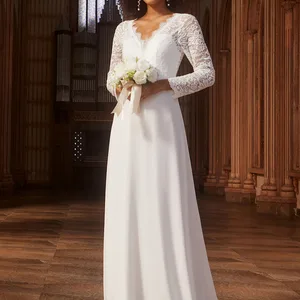 Elegante Brautkleider hohle Spitze mit V -Neckline am Boden 2025 Immer schön sexy Chiffon weiße weibliche Prom -Kleid formelle Kleid 11 Hauptverkaufskleid für Verlobung Chiffon - №11