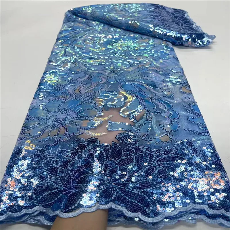 

French BlueSequins Lace Fabric 2024 orange High Quality Nigerian African Tulle Lace Fabric With Sequins For Party Dress