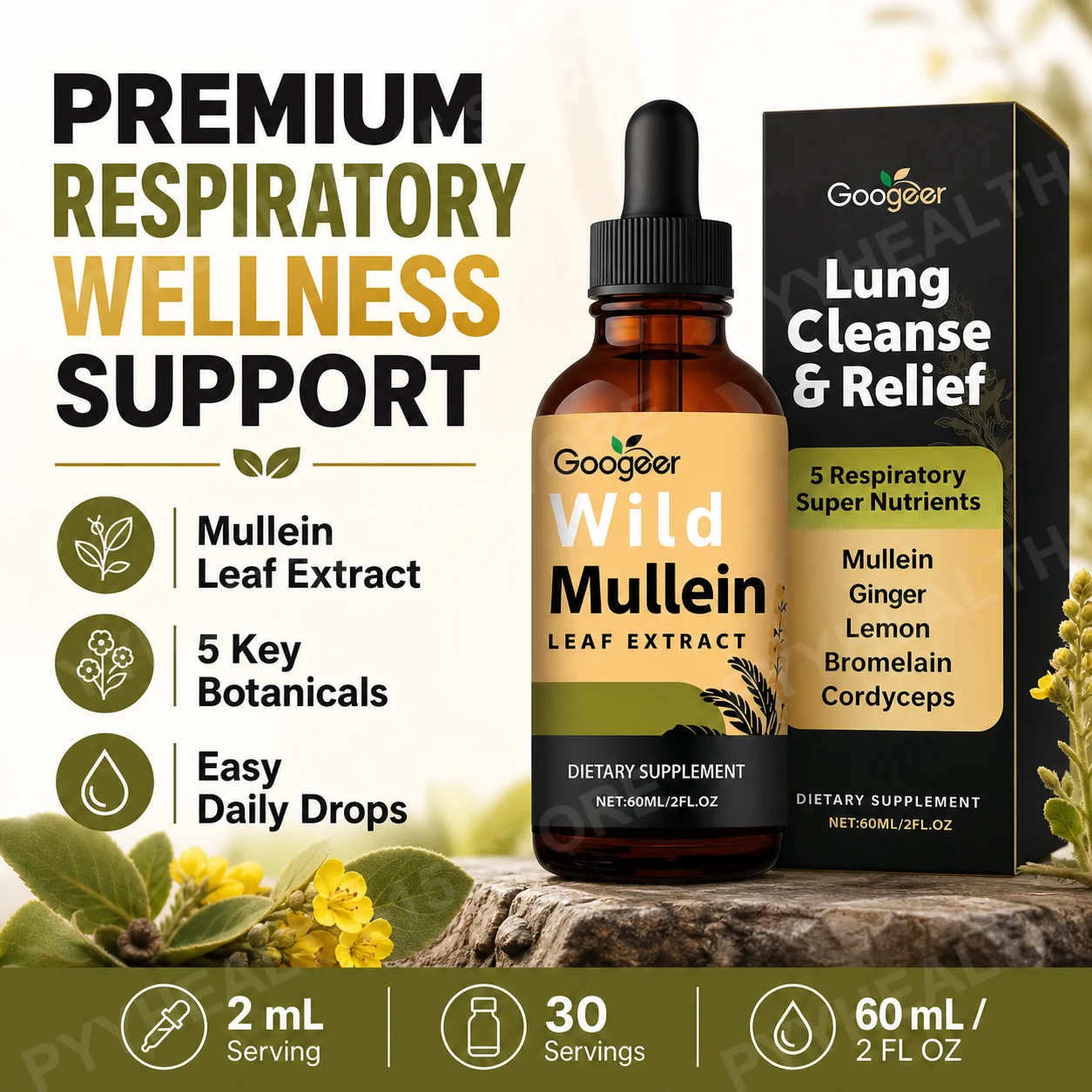 Googeer Wild Mullein Leaf Extract Liquid Drops with Ginger Bromelain Lemon Peel Cordyceps, Respiratory Wellness Support, 60 ML