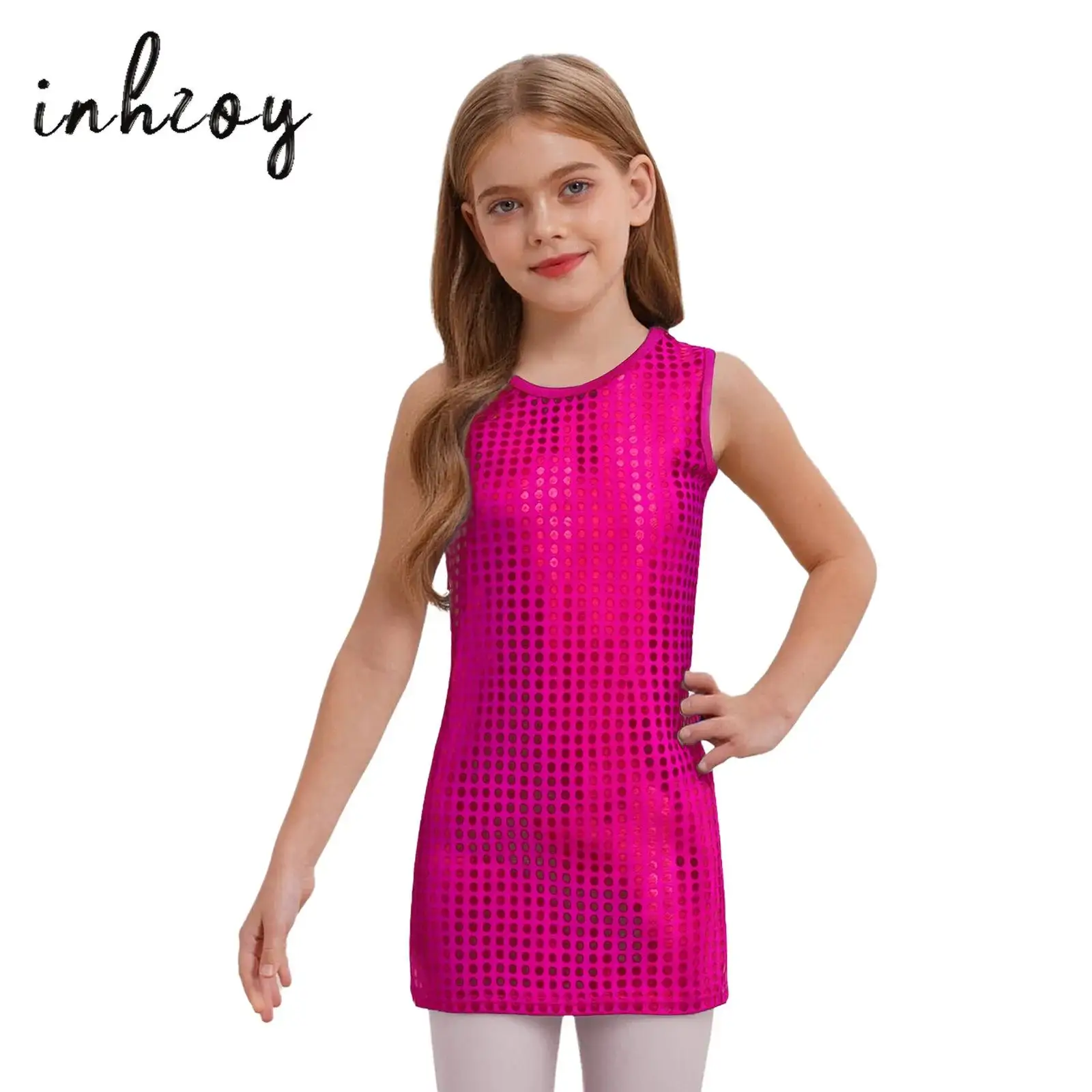 

Kids Girls Metallic Dots Tank Dress Jazz Dance Dress Round Neck Sleeveless A-line Dress 70s 80s Disco Dance Performance Costume