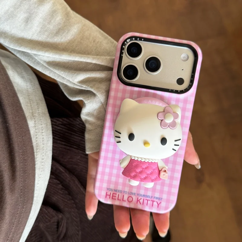 

Luxury Cute Pink grid Magsafe Wireless Charge Case For iPhone 13 14 15 16 17 Pro Max Cartoon girl Hello Kitty Magnetic Stand﻿﻿﻿﻿