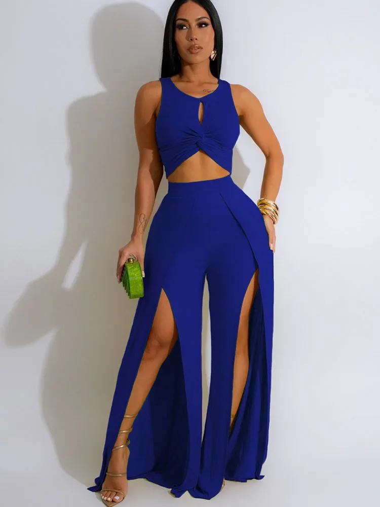 Solid 2 Peice Set Woman Sexy Club Outfits Tank Sleeveless Draped Cutout Crop Top and Split Wide Leg Pants Set Women 2 Piece Sets