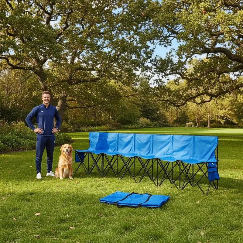 

Foldable Team Chair 167"L x 19"W x 32"H For Football Games Baseball Matches Camping 8 Seats Backrest Design Side Storage Pockets Carrying Bag Oxford Fabric Steel Frame Blue