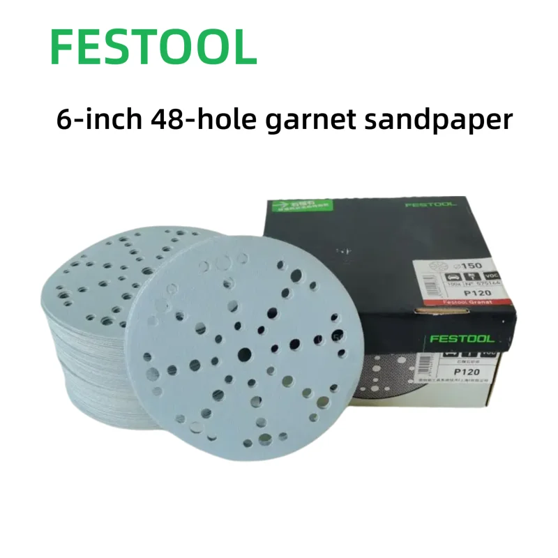 

10-piece pack of German-made FESTOOL garnet dry sandpaper, 6-inch 48-hole circular abrasive for automotive and woodworking