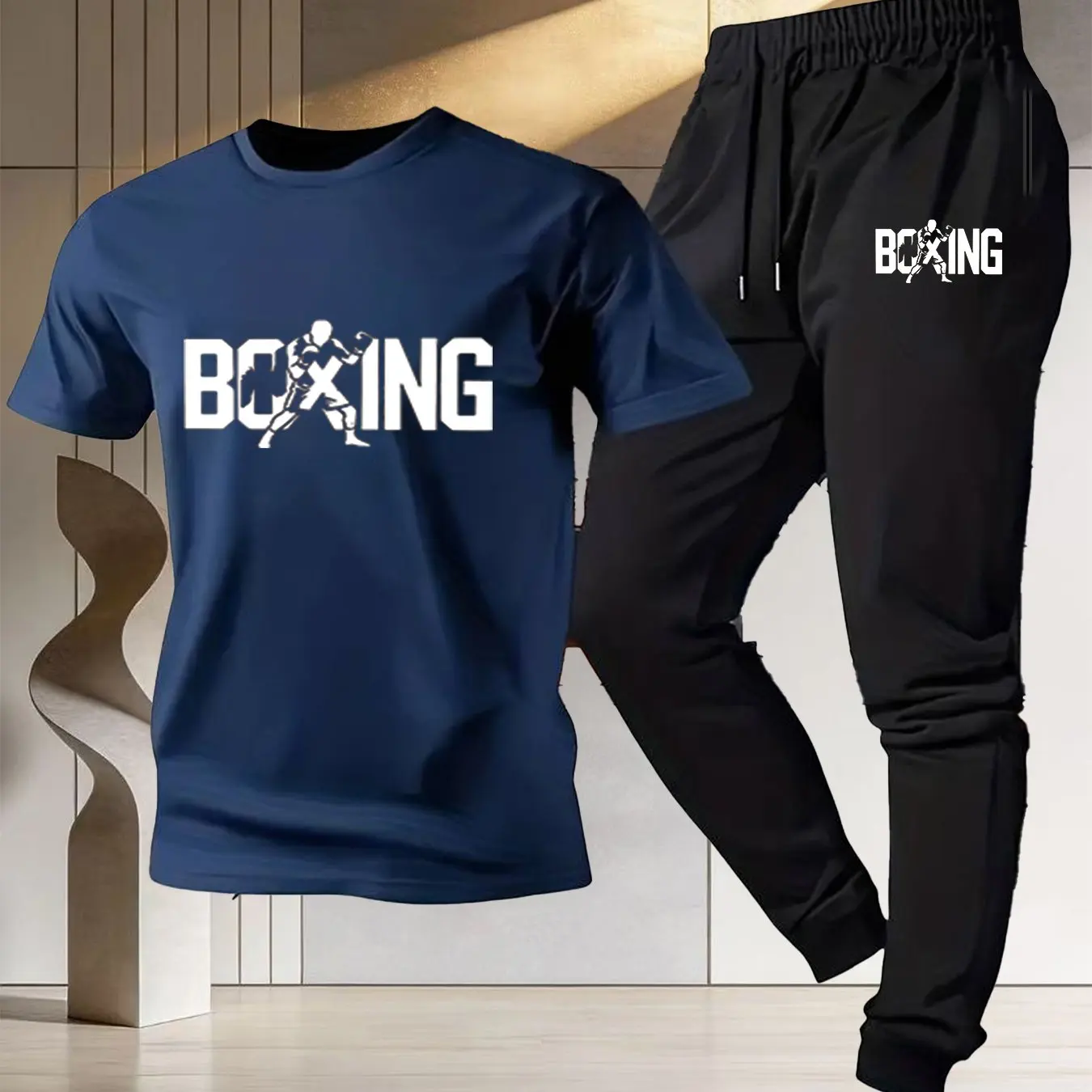 

Men's boxing sport set men's 2026 new style pure cotton short-sleeved T-shirt + training quick-dry thin long pants