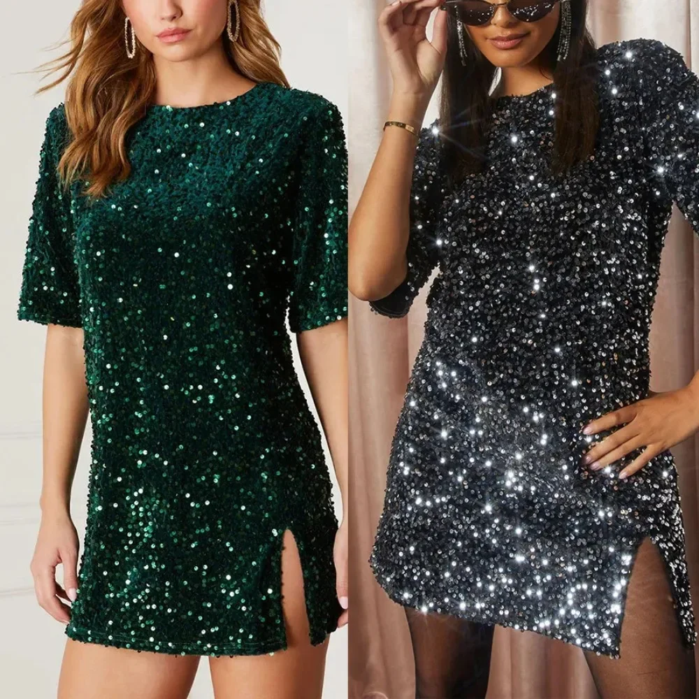 Women's S-XL size European and American Gathering New Sequin Loose Dress INS Casual Fashion Long sleeved Pussycat Dolls