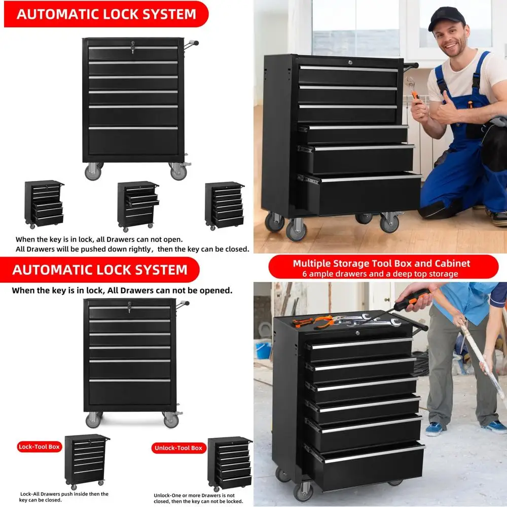 

Большой шкаф для инструментов на колесиках с замком и колесиками для хранения в гараже и мастерской черного цвета
