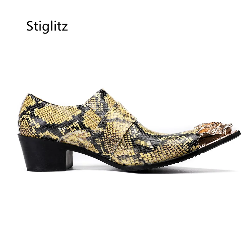 

Snake Pattern High Heeled Men's Shoes Genuine Leather Metal Toe Buckle British Formal Party Dress Shoes Slip On Leather Shoes