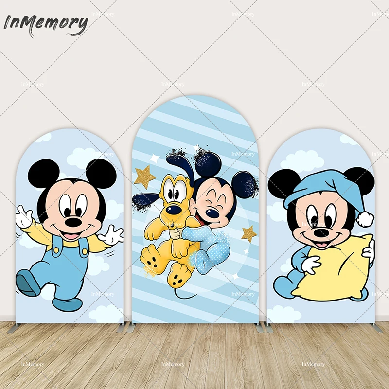 

Baby Blue Mickey Mouse Baby Shower Arched Chiara Backdrop Cover Customize Boy Birthday Background 2-Side Banner Wall