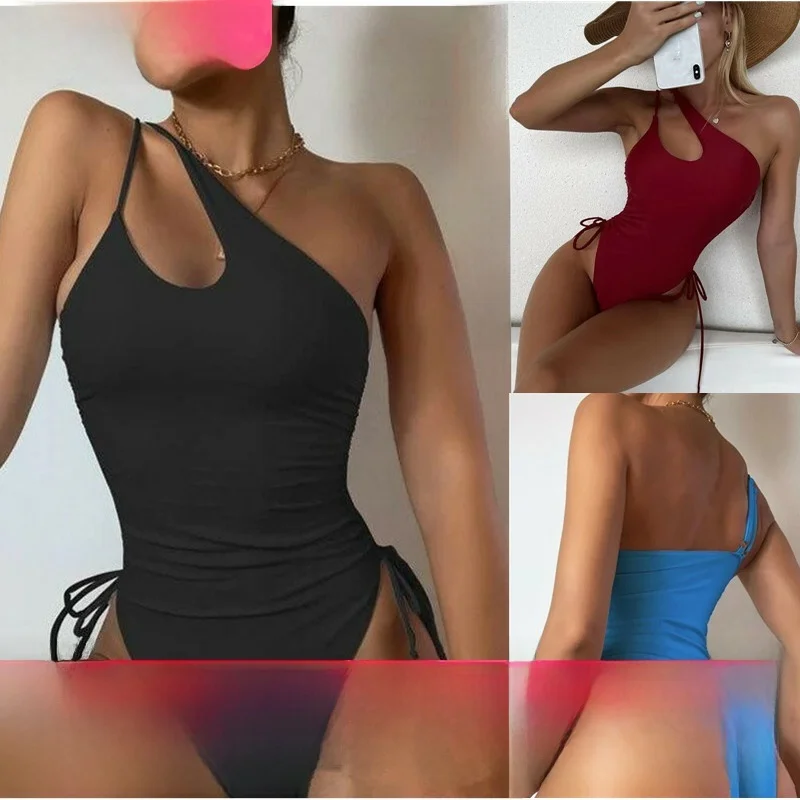 2025 Costume da bagno intero e bikini sexy Faionable Colore puro oulder Baring Costume da bagno casual da donna Busto fisso