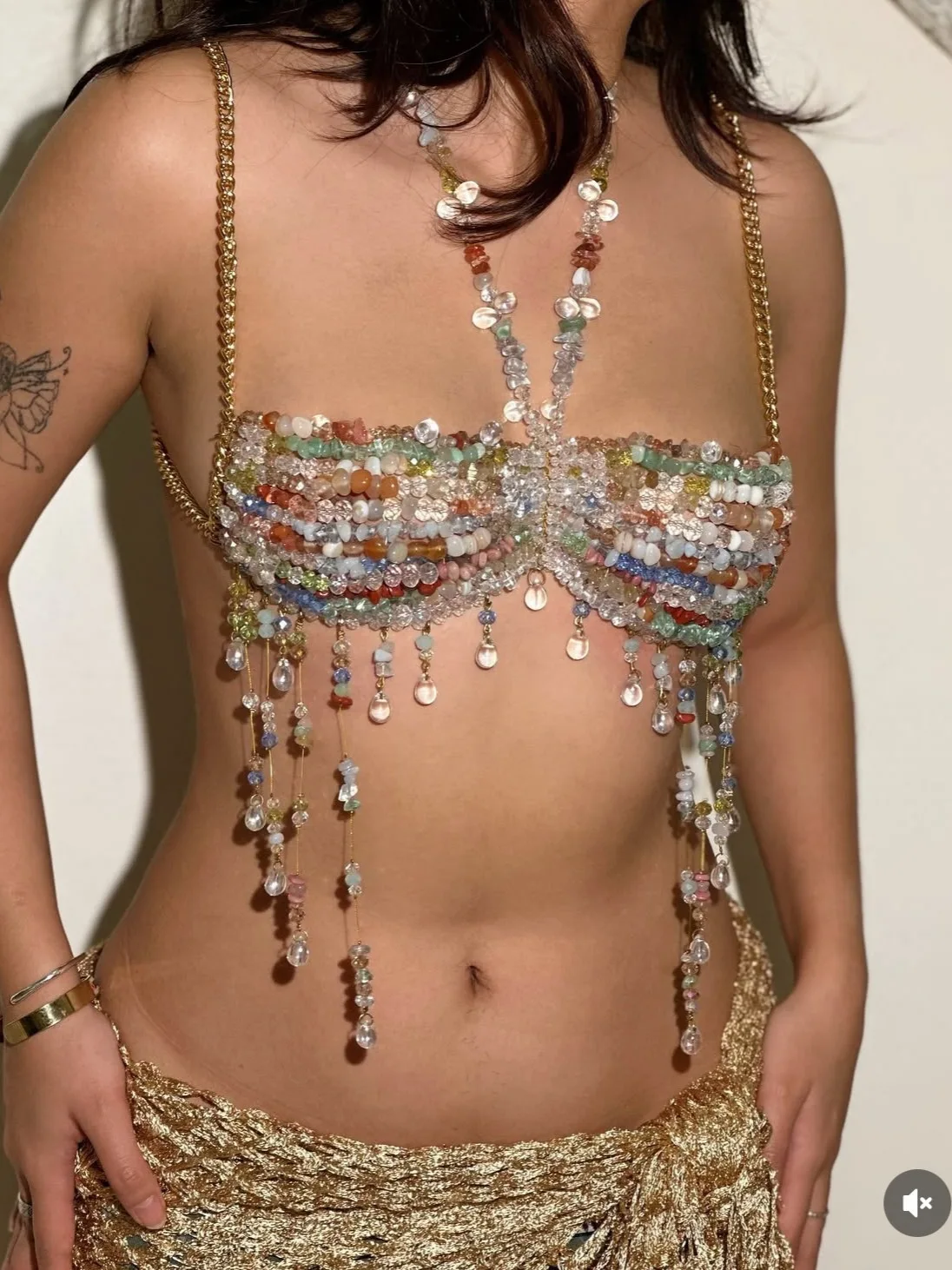 Sexy Gradient Glass Beaded Top Bra Heavy Color Beads Cutout Neck Body Chain For Beach Party Holiday Vacation