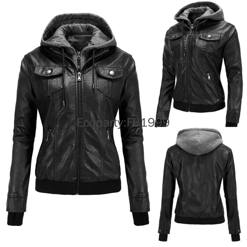 2024 Autumn Winter Women\'s Motorcycle Jacket Black Slim Pu Leather Removable Hooded Zipper Leather Coat Female Casual Outerwear