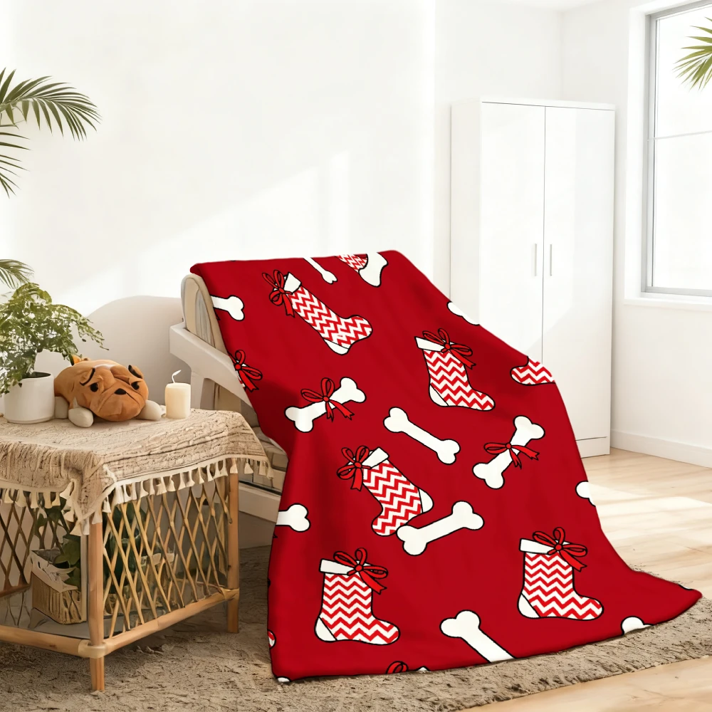 1pc Red Christmas Stocking And Bone Print Flannel Blanket Soft Comfortable Warm Bed Cover Autumn Winter Season Living Room Bedroom Sofa Halloween Thanksgiving Christmas Festival Gift