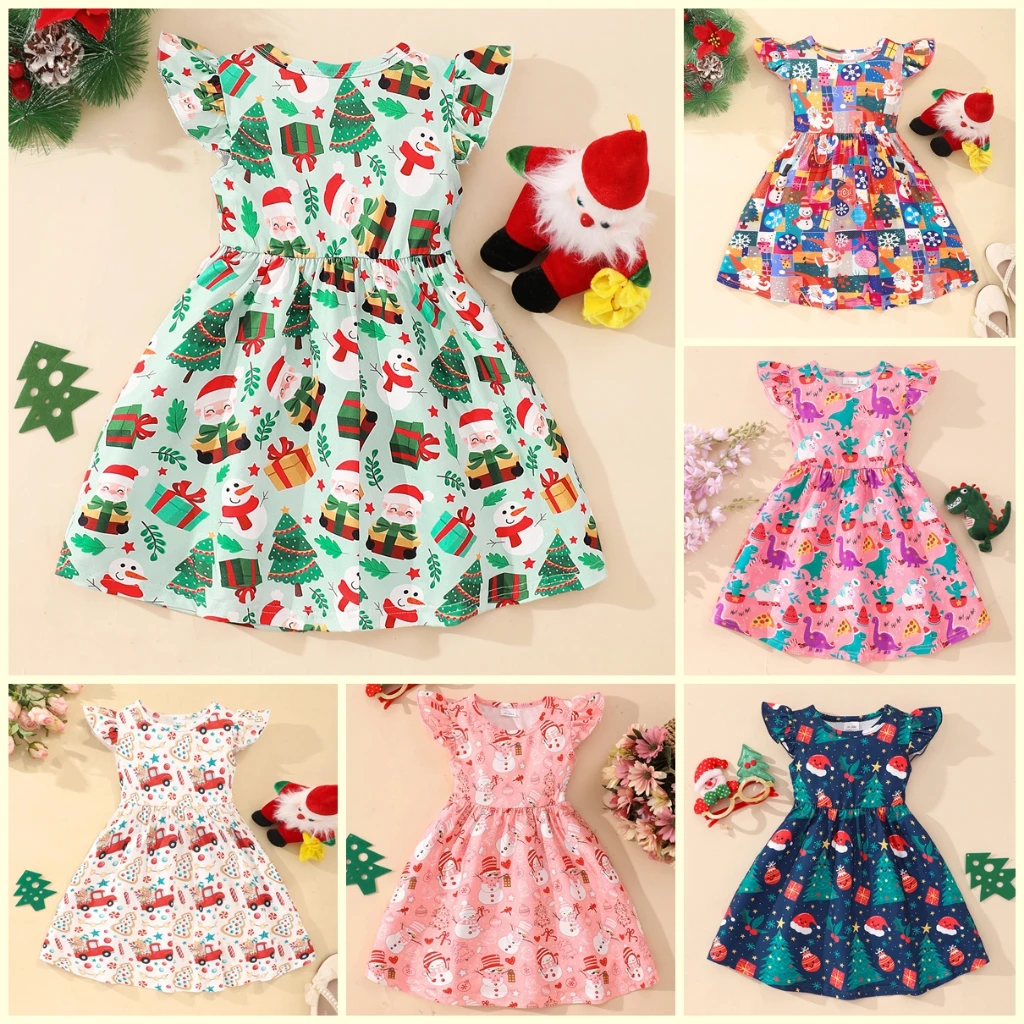 2024 Christmas Dress Kids Girl Clothes Summer Short Sleeve Baby Girls Dresses Christmas Clothing Set 1 2 3 4 5 6 7 8 Years