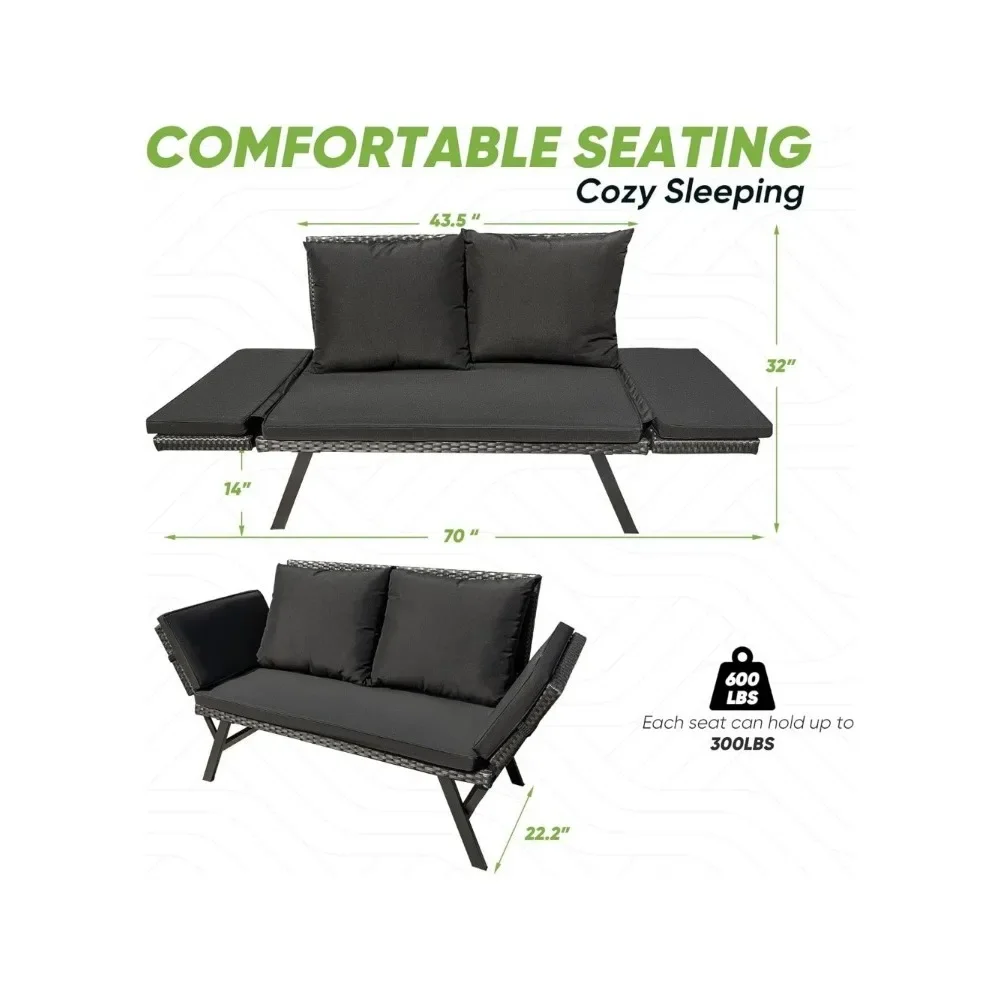 Sofá Convertible de ratán para exteriores, muebles de Patio, cama de día o silla doble con reposabrazos ajustables, cojines y almohadas para exteriores