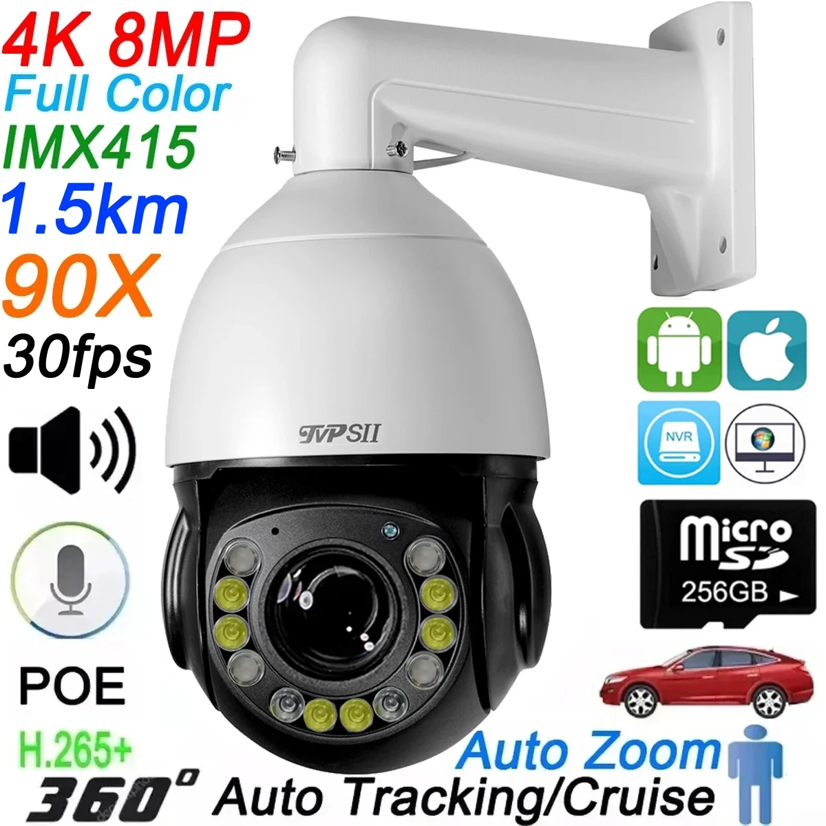 Full Color Auto Tracking 30fps 8MP 4K 90X Optical Zoom 360° Rotation Audio Outdoor ONVIF POE PTZ IP Surveillance Speed Doom Cam