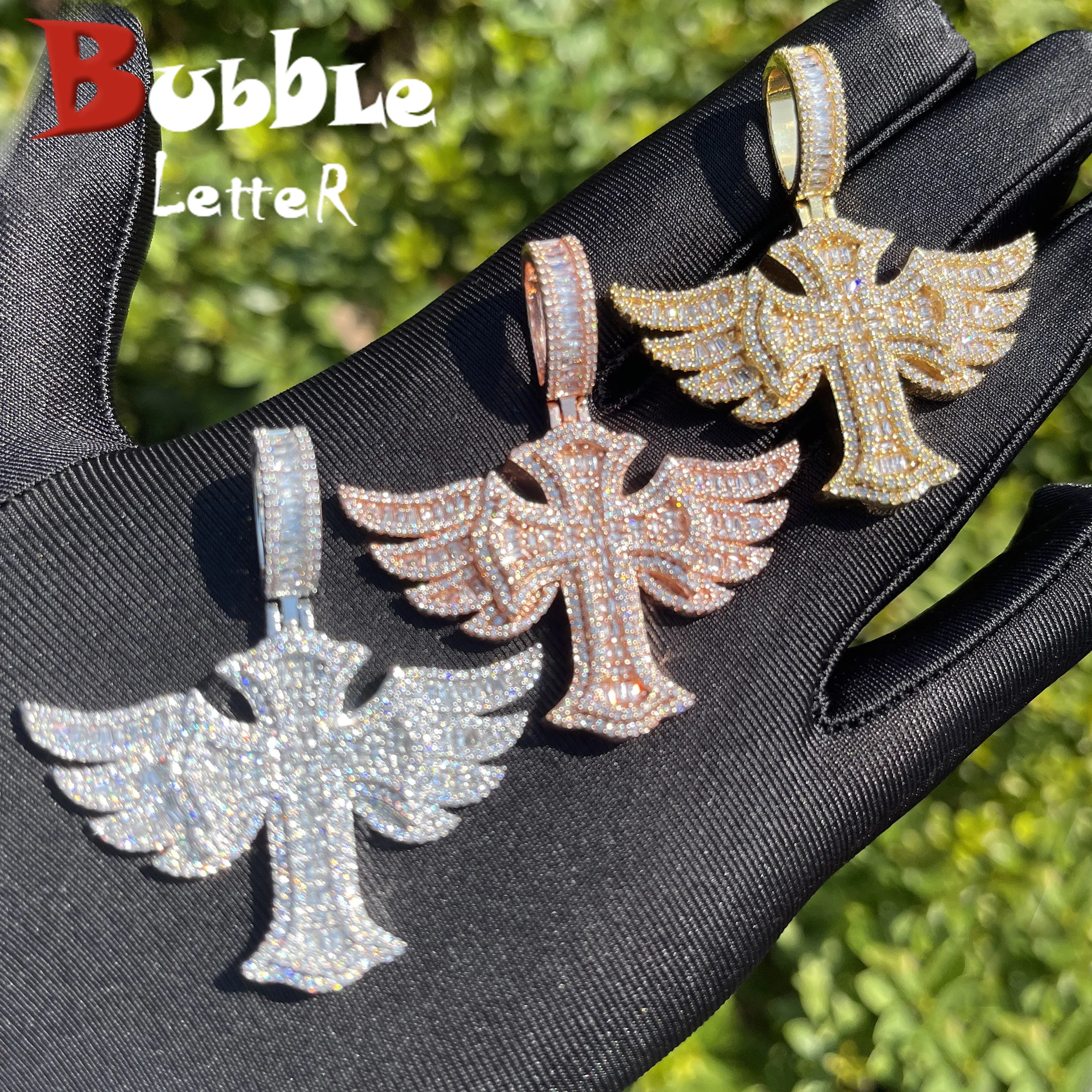 Bubble Letter Iced Out Cross Angle Wing Necklace Pendant for Men Real Gold Plated Hip Hop Jewelry