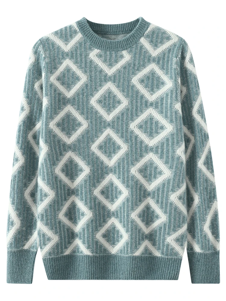 

100% Merino Wool Men's Round Neck Autumn Winter Geometric Pattern Casual Fashion Top Pullover Wool Sweater