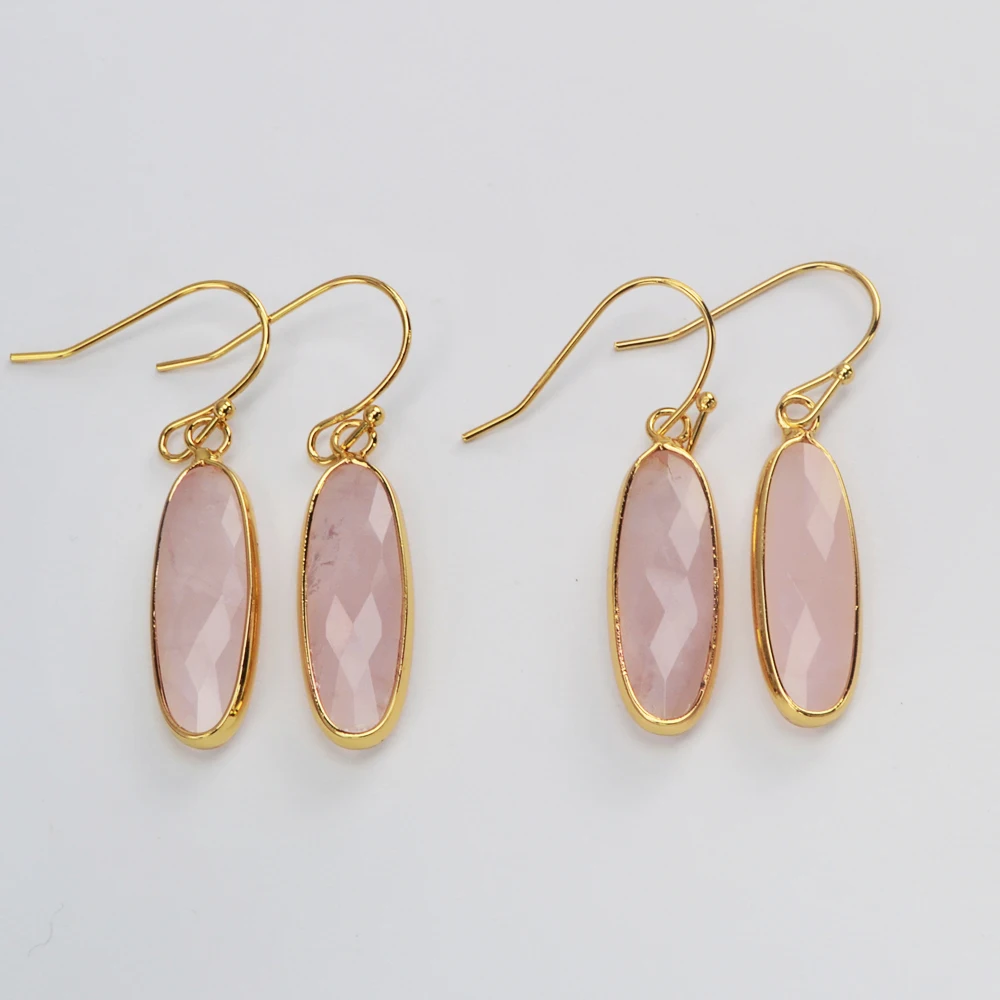 

BOROSA Art Deco Teardrop Golden Plated Rose Quartz Faceted Dangle Earrings Natural Pink Stone Drop Earring Jewelry Accessories