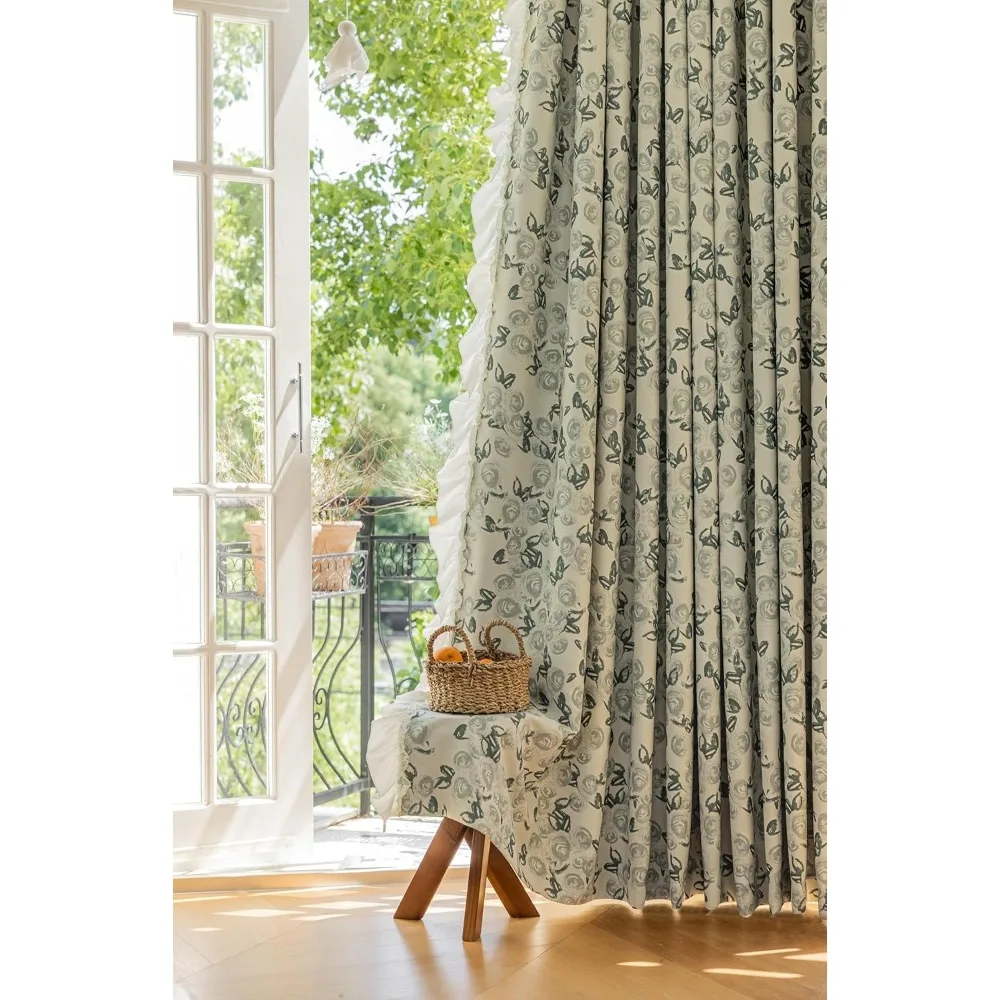 Epinki Curtains Blackout, Chenille Light Green Flower Printed with Ruffle Curtain with Grommets 40 x 96 Inches, 2 Panels