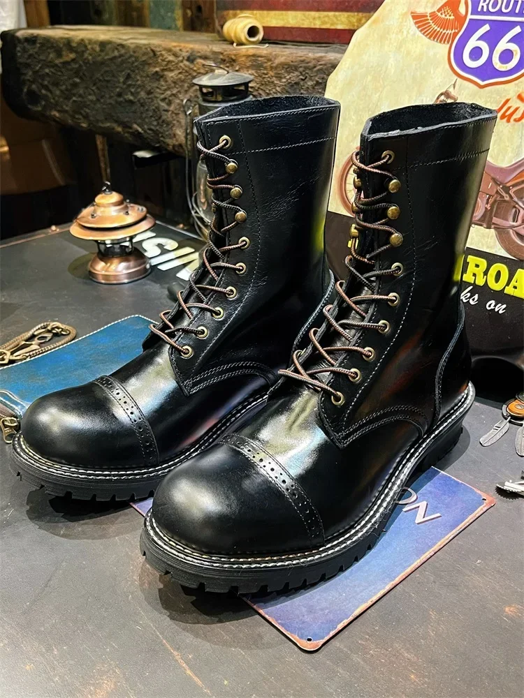 

Black American Vintage Leather Big Head British Style Tooling Riding Cowhide Boots Men's Long Motorcycle Shoes Trend