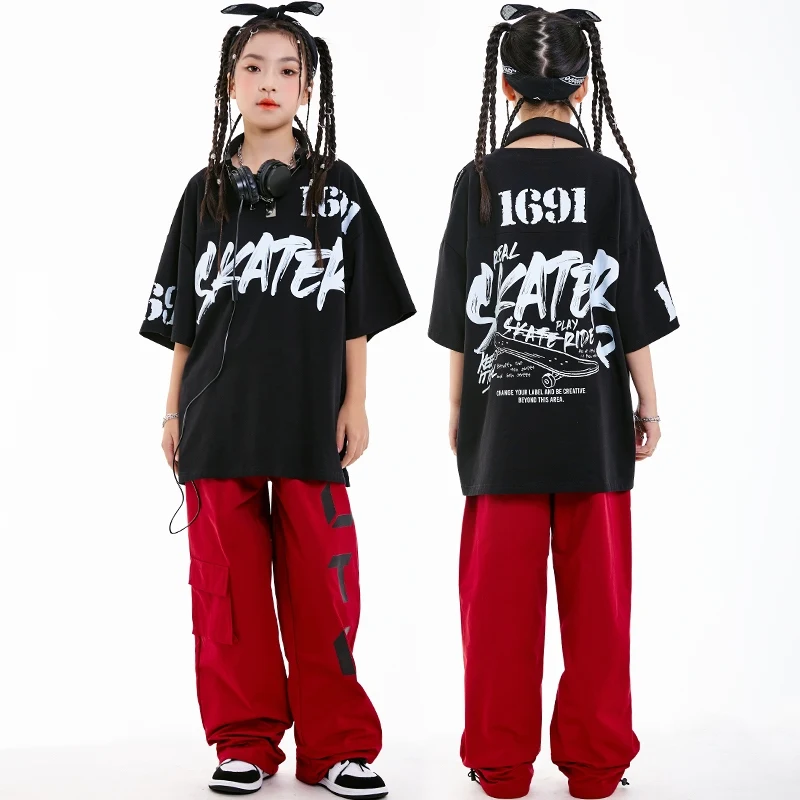 

Boys Girls Jazz Dance Costumes Sport Red Cargo Pants Suit Children Street Dance Hip Hop Dance Performance Stage Costumes DN20415