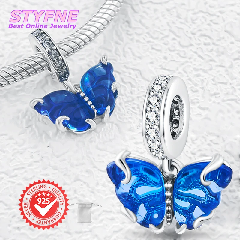 

925 Sterling Silver Blue Ocean Butterfly Pendant Beads Fit Pandora Original Bracelet Charms Beads Women's Jewelry Gift