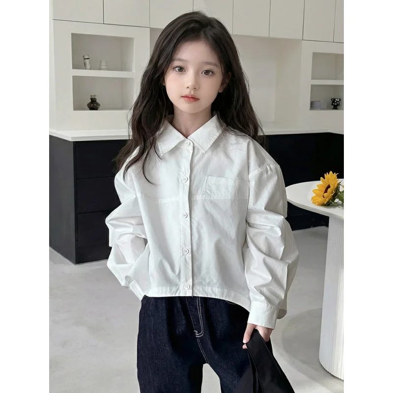 

Girls' Hong Kong-style irregular shirt set, spring and autumn shirt for older children, children's white shirt and jeans two-pie