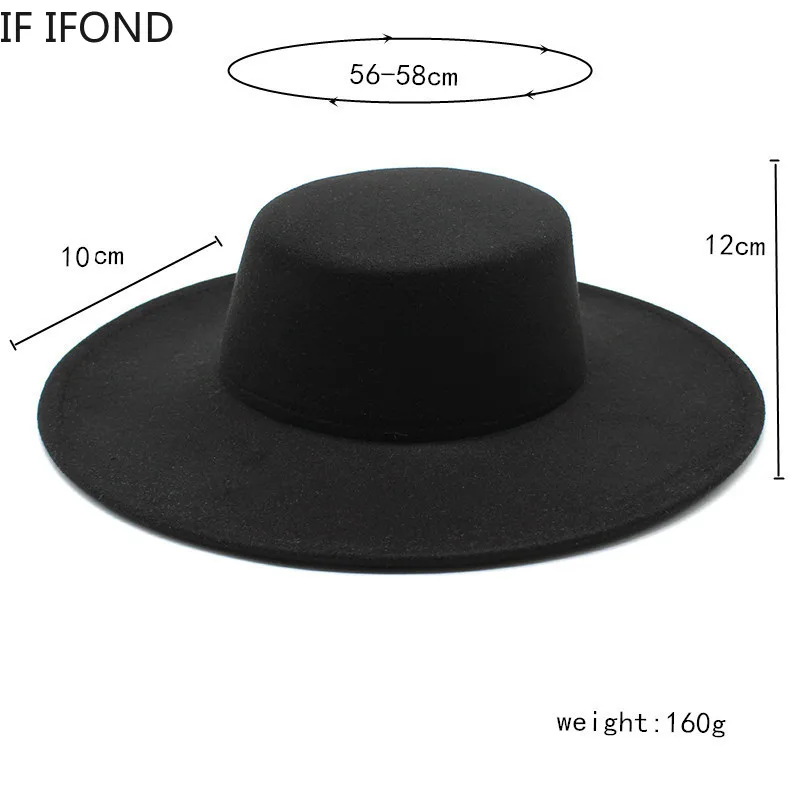 French Women\'s Hat Big Wide Brim 10CM Fedora Hat Winter Wool Derby Wedding Jazz Hats Flat Top Felt Hat