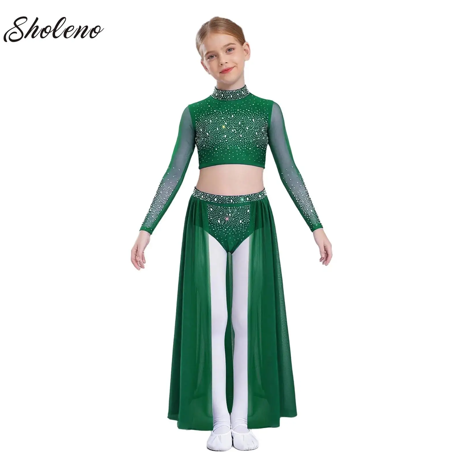 

Girls Lyrical Modern Dance Outfit Jazz Ballet Gymnastic Dancewear Crop Top+Long Skirt Shiny Rhinestone Dancer Costume 2Pcs/Set