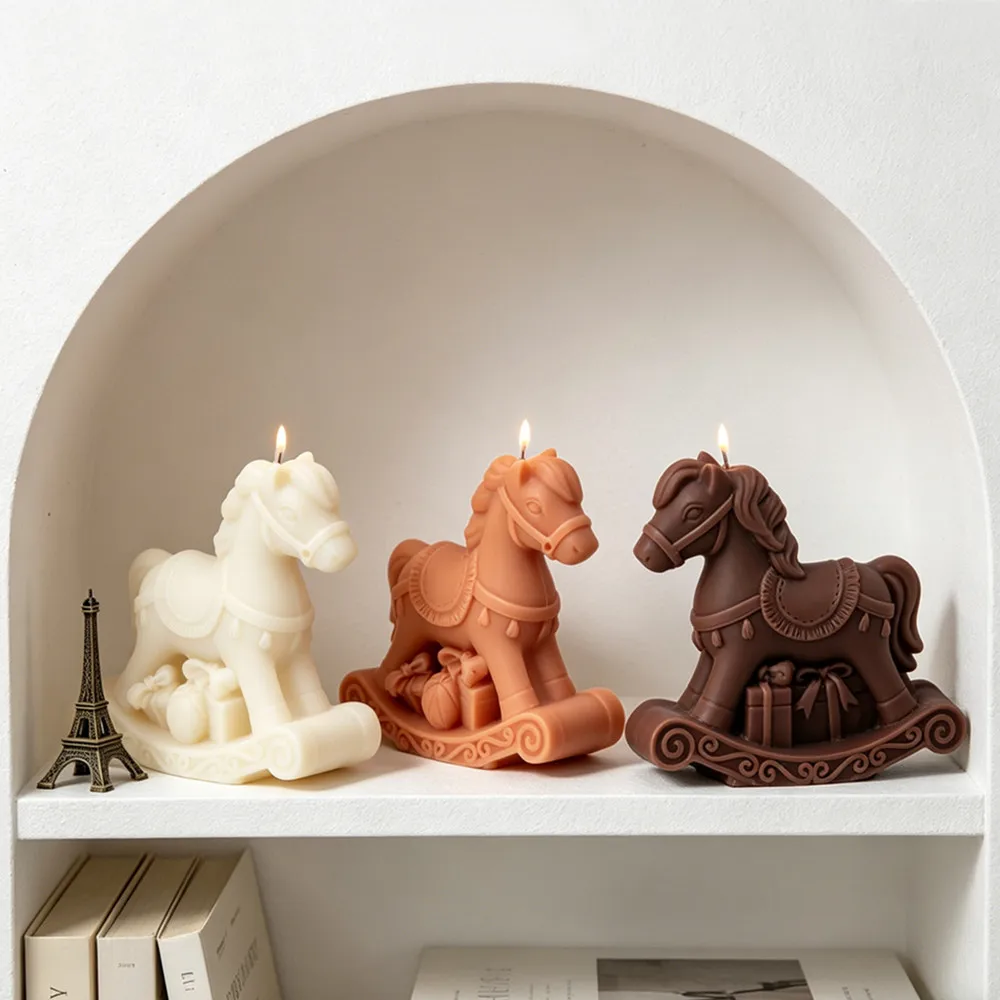 Niedliche Schaukelpferd-Silikonform für Kerzen - 3D-Pferd mit Geschenkbox-Form für DIY-Duftkerzen, Seife & Harz-Kunsthandwerk, Heimdekoration & Geschenke