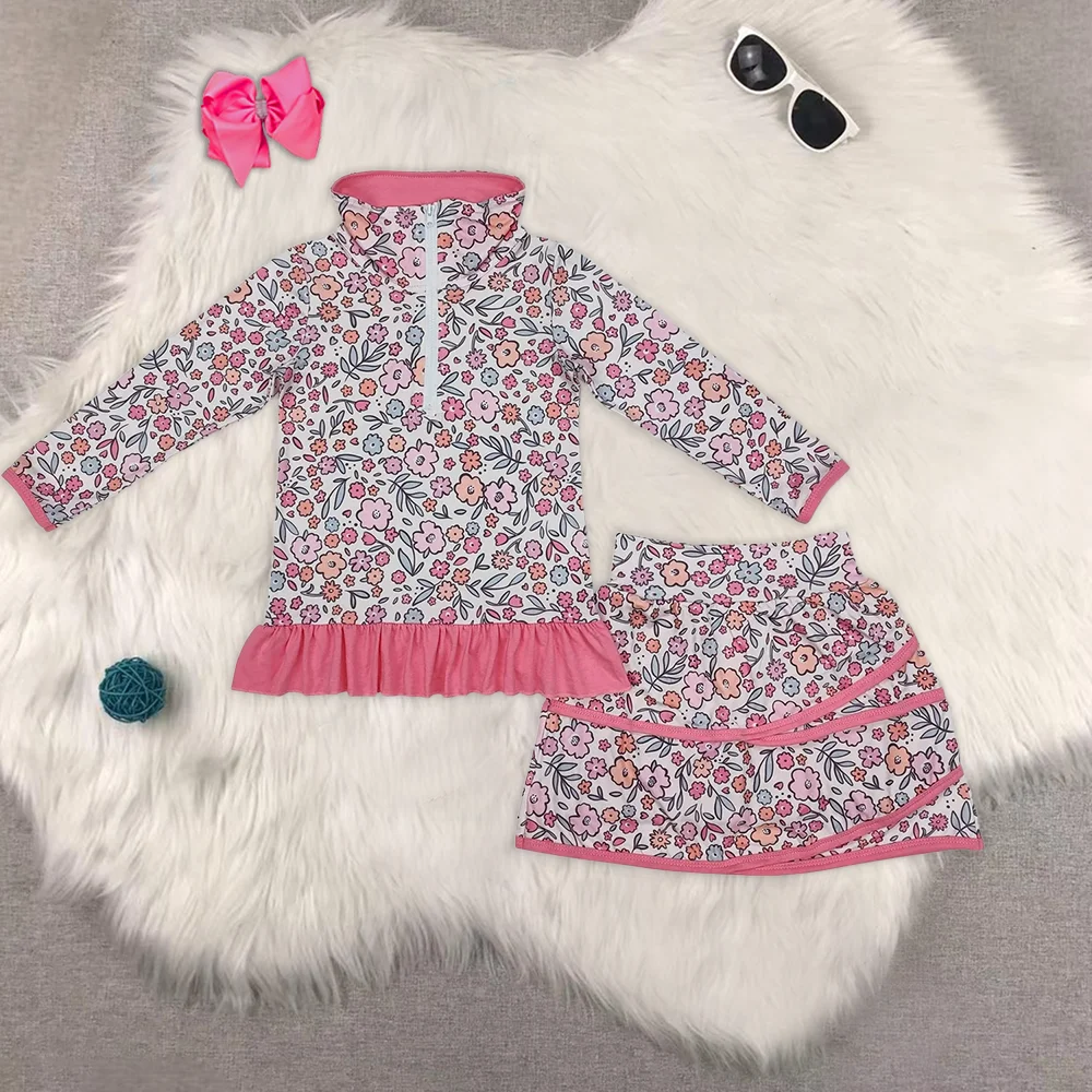 

8.21 Baby Girls Outfits Baby Girls Bright Pink Flowers Zip Top Skirt Ruffle Skort Bottoms Sets