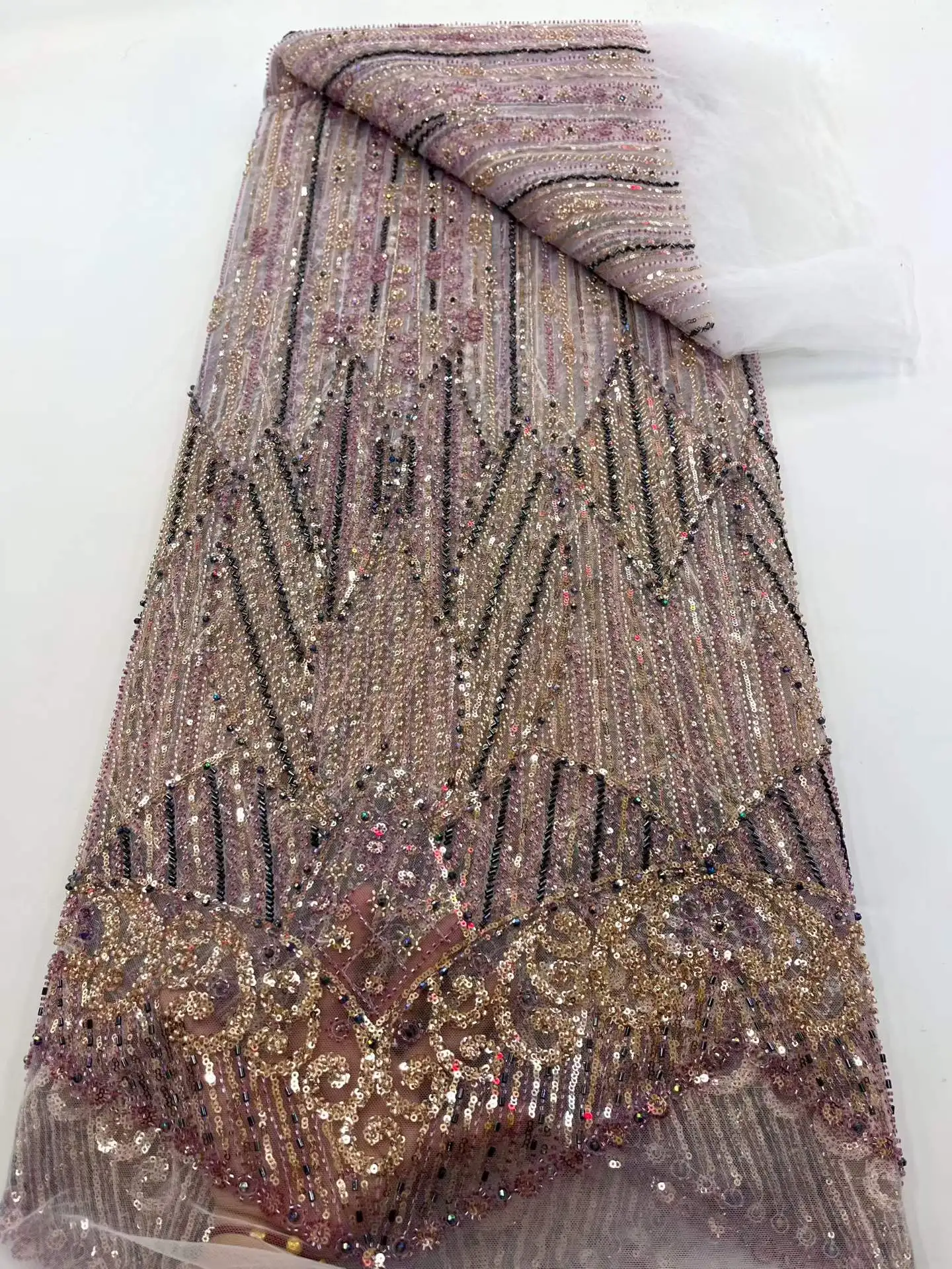 

2026 High Quality Beaded Heavy Beads Sequins African Lace Fabric French Nigeria Lace Fabric For Party Dress
