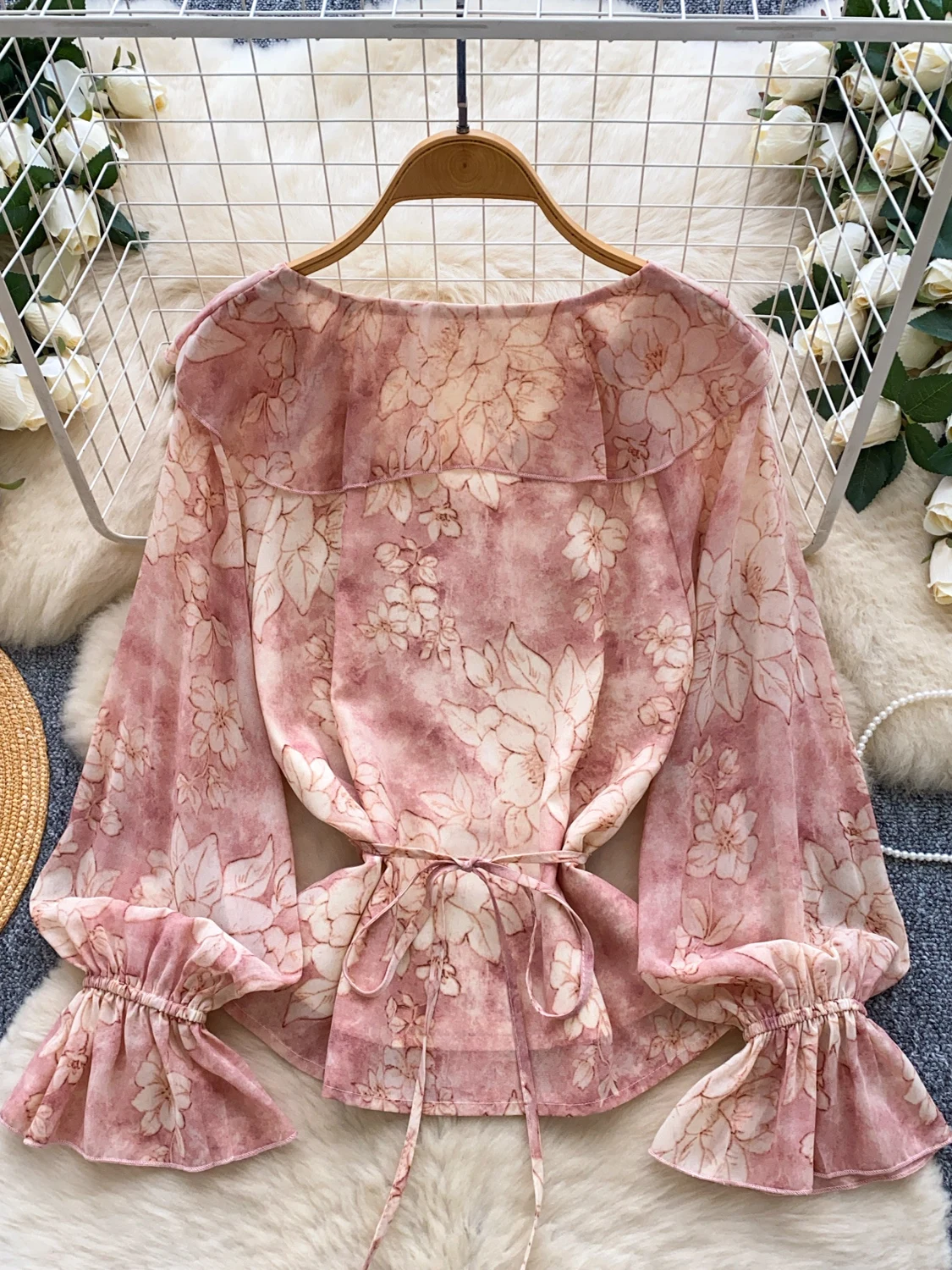 Franse Sle losse pasvorm bloemenprint irt Faionable Bell Sve-blouse voor dames met kanten rand Veelzijdige top voor woon-werkverkeer