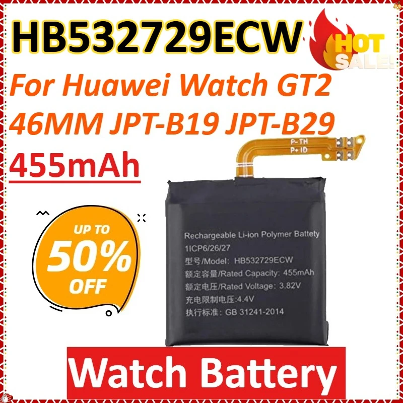 

New HB532729ECW 455mAh 3.82V for Huawei Watch GT2 46MM JPT-B19 JPT-B29 Newly Upgraded High-Capacity Replacement Watch Battery